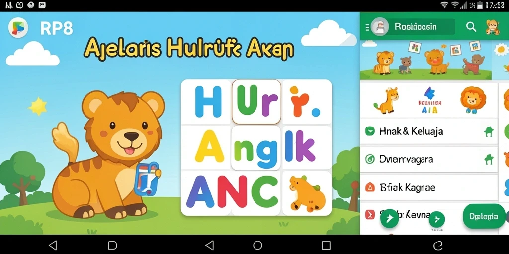 Tampilan antarmuka RP8 yang ramah anak untuk belajar huruf dan angka.