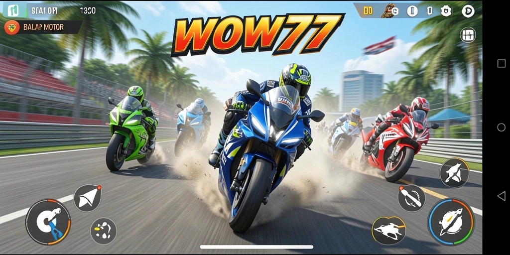 Tampilan antarmuka WOW77 dengan berbagai motor dan trek balap.
